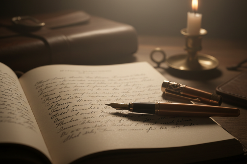 A close-up of a fountain pen beside a handwritten journal page, ink slightly glossy, warm candlelit glow, muted black, taupe, and bronze tones, shallow depth of field, soft shadows, cinematic lighting, calm and contemplative mood, luxury journal aesthetic, minimal and poetic
